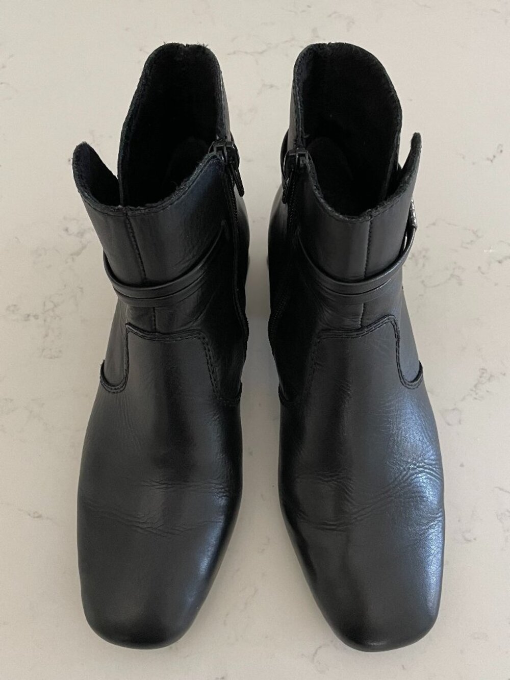 Rieker Block Heel Square Toe Leather Booties w Metal Hardware Detail Black Sz 38